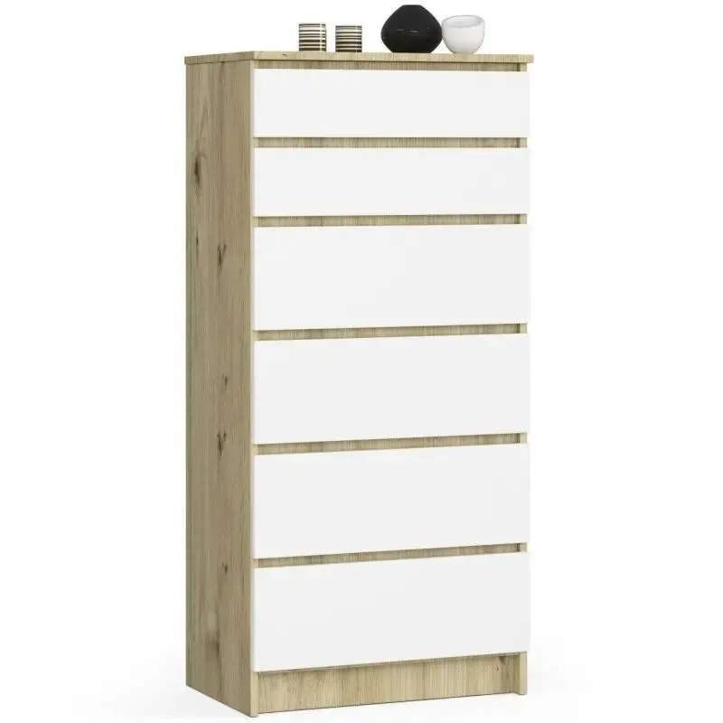 Komoda do sypialni, pokoju, 6 szuflad, 60x40x130 cm, dąb artisan, biel, mat