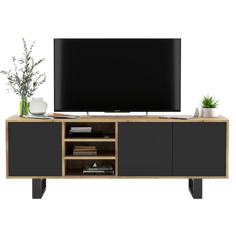 Szafka RTV, loft, apollo, rama, 150x35x53 cm, dąb wotan, czarny, mat