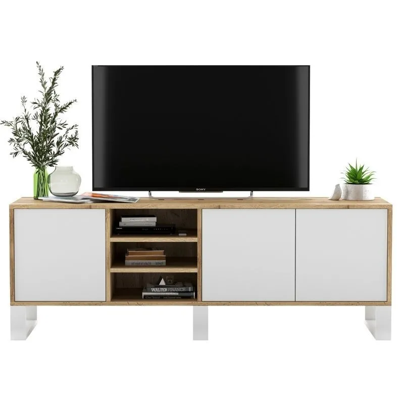 Szafka RTV, loft, rama, apollo, 150x35x53 cm, dąb wotan, biel, mat