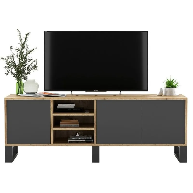 Szafka RTV, loft, apollo, rama, 150x35x53 cm, dąb wotan, grafit, mat