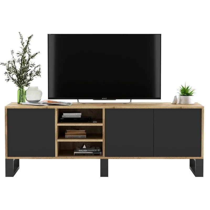 Szafka RTV, loft, apollo, rama, 150x35x53 cm, dąb wotan, czarny, mat