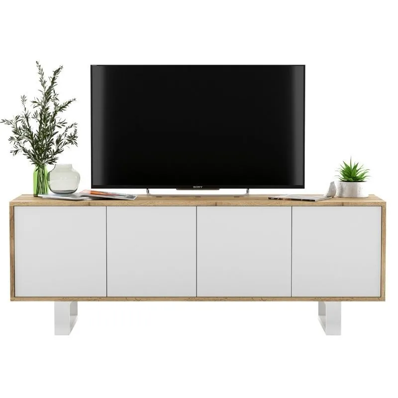 Komoda RTV, loft, apollo, rama, 150x35x53 cm, dąb wotan, biel, mat