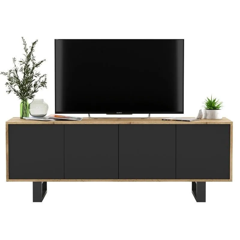 Komoda RTV, loft, apollo, rama, 150x35x53 cm, dąb wotan, czarny, mat