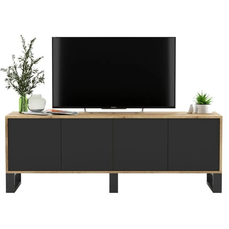 Komoda RTV, loft, apollo, rama, 150x35x53 cm, dąb wotan, czarny, mat