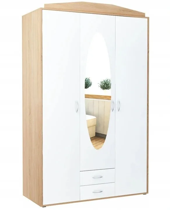 Szafa trzydrzwiowa, do sypialni, Classic, 127x55x201 cm, dąb sonoma, biel, mat