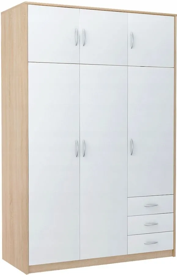 Szafa trzydrzwiowa, do sypialni, Classic, 127x55x193 cm, dąb sonoma, biel, mat