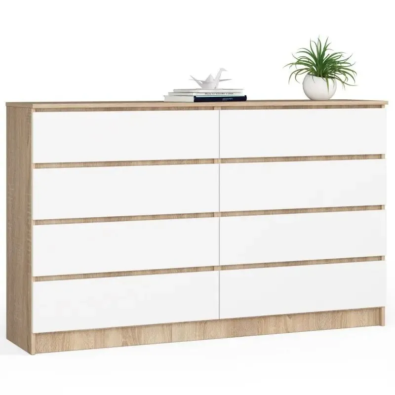 Komoda do sypialni, 8 szuflad, 160x40x99 cm, dąb sonoma, biel, mat