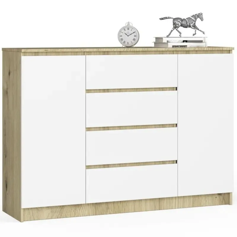 Komoda do sypialni, 4 szuflady, półki, 140x40x99 cm, dąb artisan, biel, mat