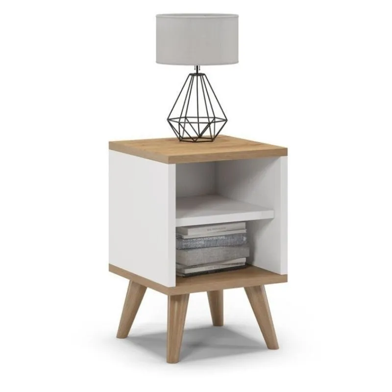 Szafka nocna na nóżkach, SKAND, 30x30x45 cm, biel, dąb, mat