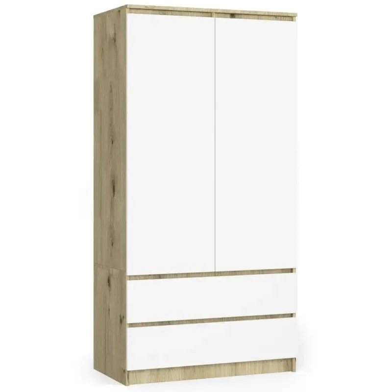 Szafa do sypialni, 2 szuflady, drzwi, 90x51x180 cm, biel, dąb artisan, mat