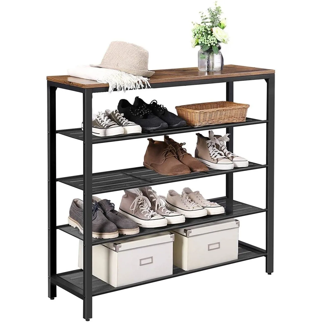 Regał, szafka na buty, 100x30x92 cm, ciemny brąz, czarny, mat