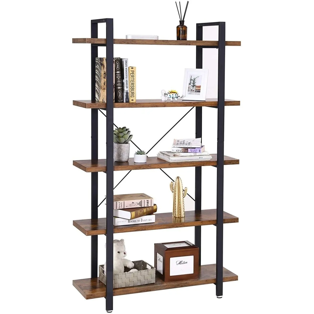 Regał do salonu, 5 półek, 105x34x178 cm, ciemny brąz, czarny, mat