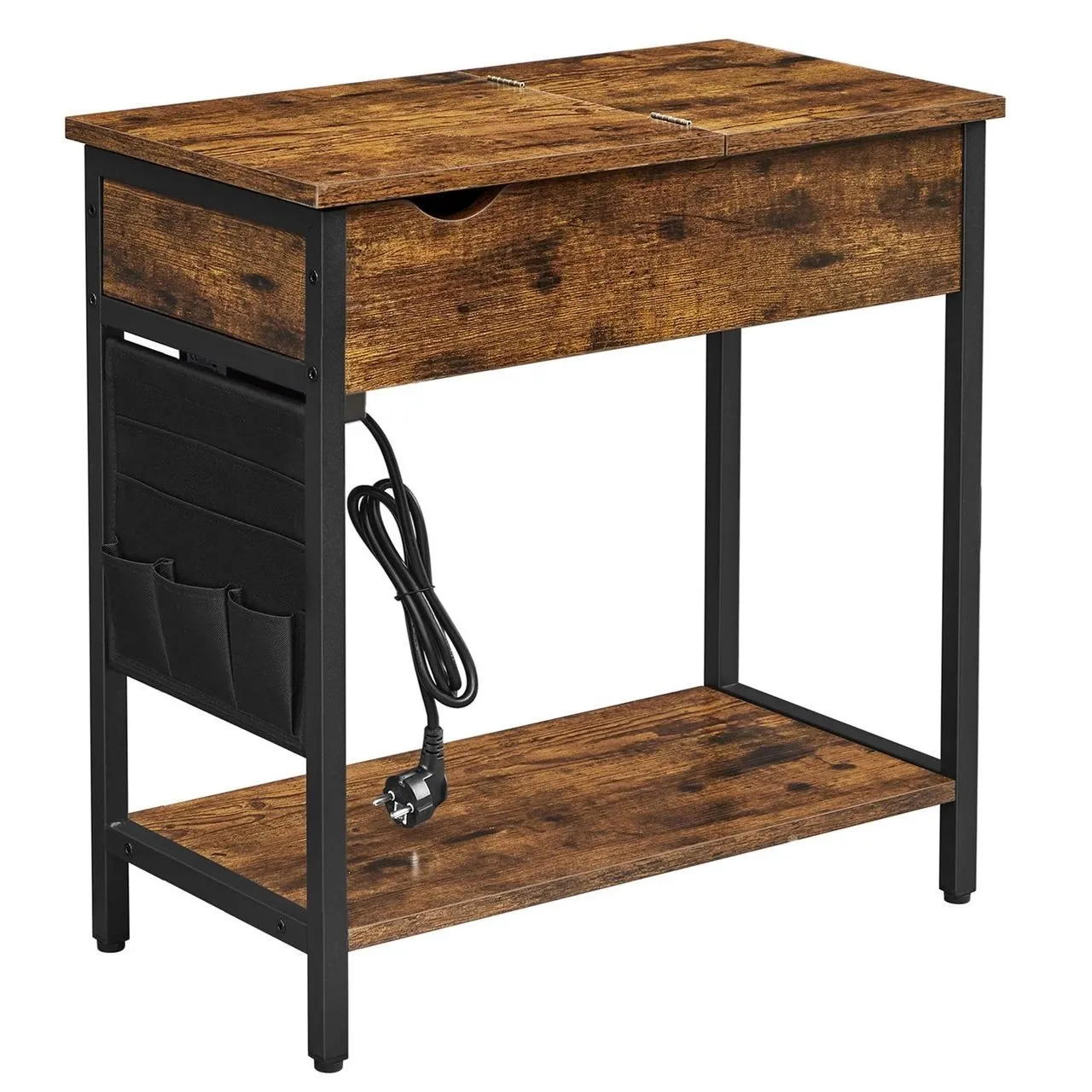 Stolik z gniazdkami i USB, 60x32x60 cm, ciemny brąz, czarny, mat