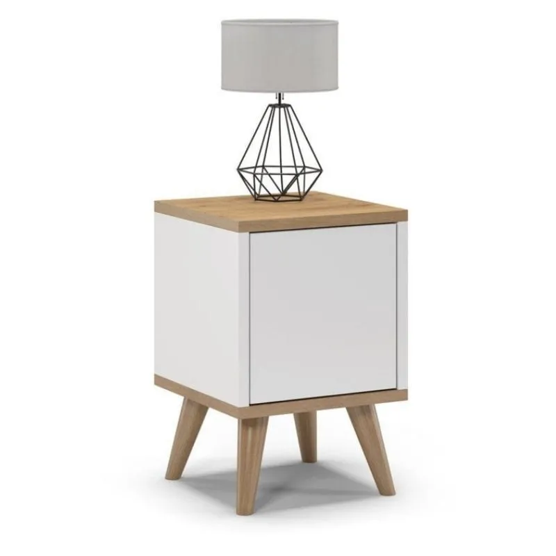 Szafka nocna na nóżkach, zamknięta, SKAND, 30x30x45 cm, biel, dąb, mat