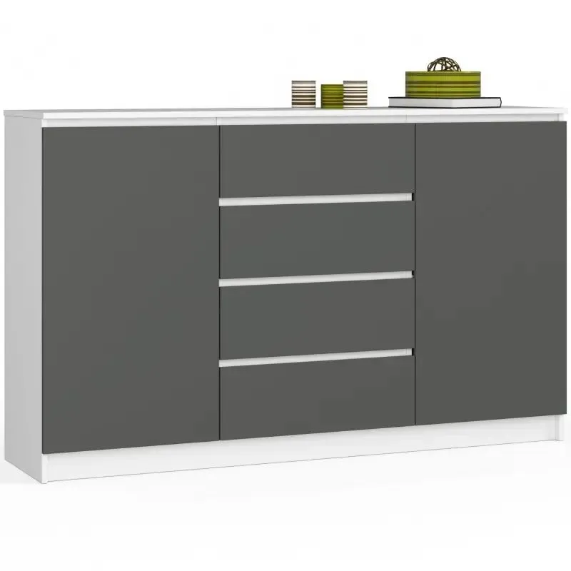 Komoda do sypialni, 4 szuflady, półki, 160x40x99 cm, biel, grafit szary, mat