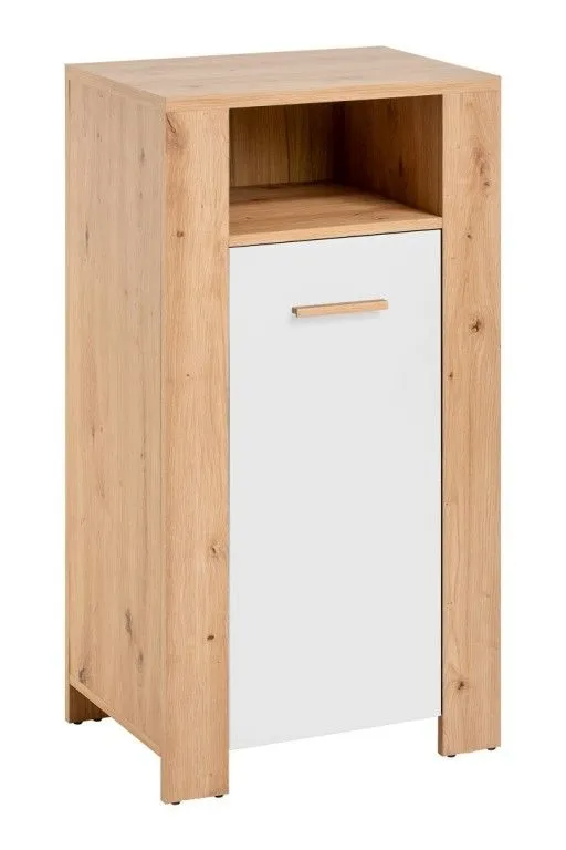 Wąska komoda z półkami, Vega, 55x38x103 cm, dąb artisan, biały, mat