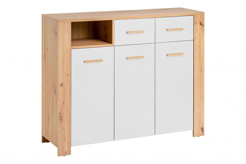Szeroka komoda, 2 szuflady, Vega, 125x38x103 cm, dąb artisan, biały, mat
