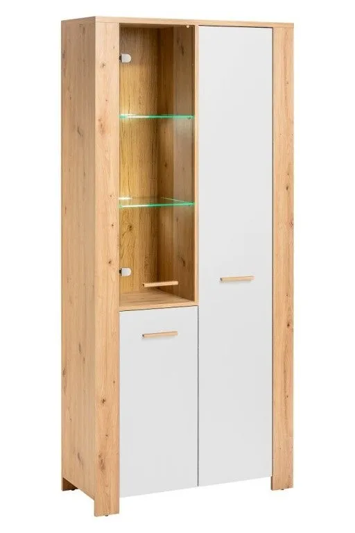 Szafa z witryną LED, Vega, 90x38x196 cm, dąb artisan, biały, mat