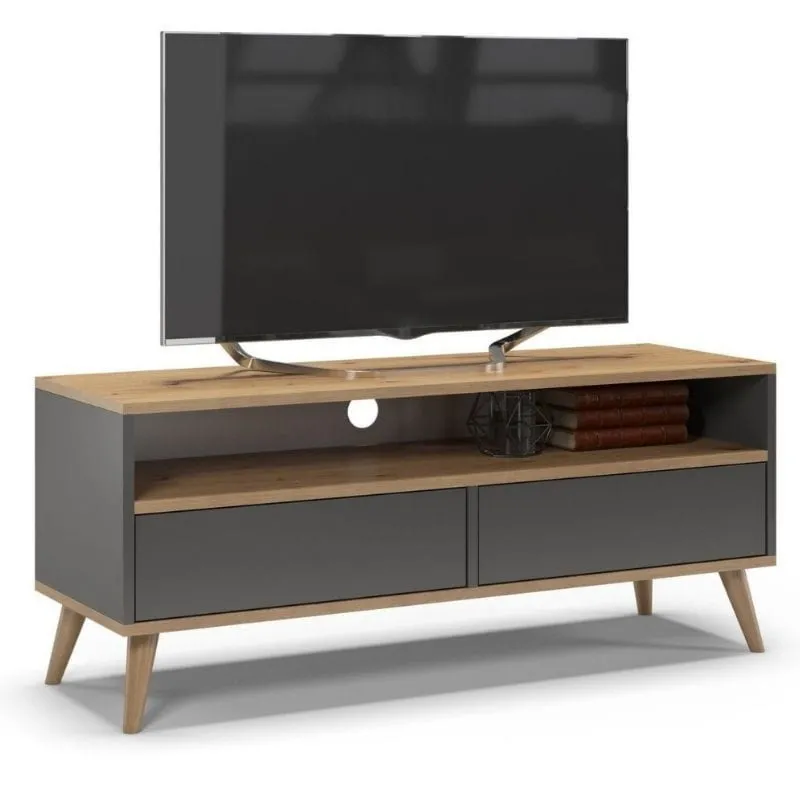 Szafka rtv, stolik pod telewizor, SKAND, 120x40x50 cm, grafit, dąb, mat