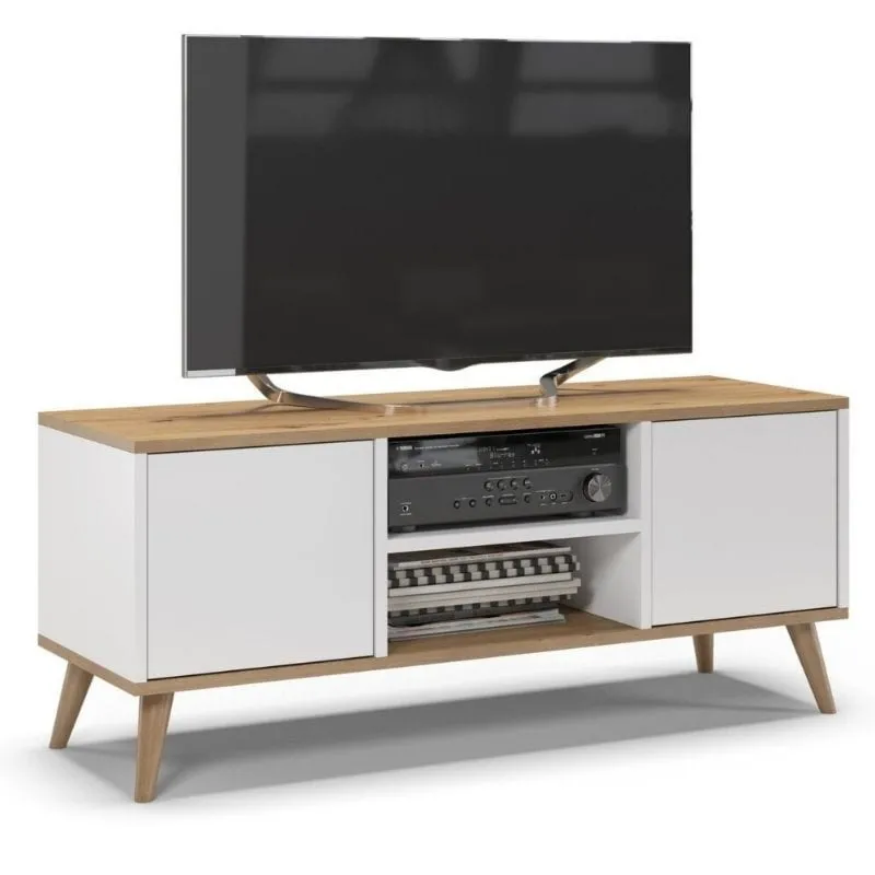 Szafka rtv, skandynawski styl, SKAND, 120x40x50 cm, dąb, biały, mat