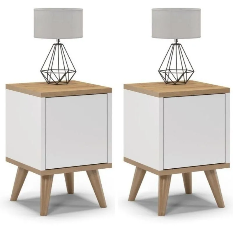 Szafki nocne na nóżkach, zamknięte, SKAND, 30x30x45 cm, biel, dąb, mat