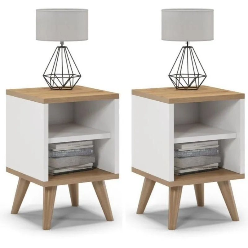 Szafki nocne, 2 sztuki, otwarte, SKAND, 30x30x45 cm, biel, dąb, mat