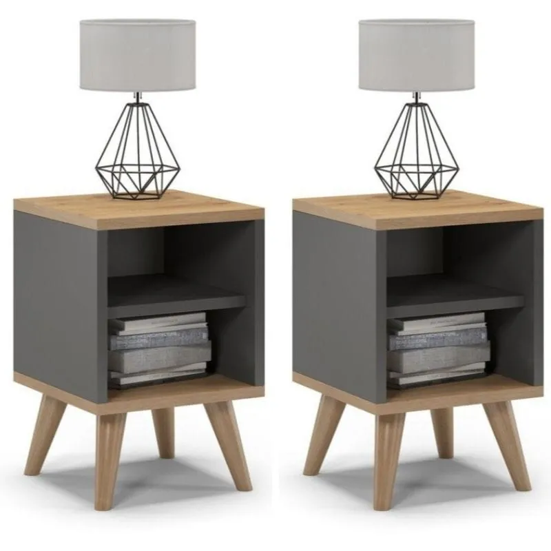 Szafki nocne, 2 sztuki, otwarte, SKAND, 30x30x45 cm, grafit, dąb, mat