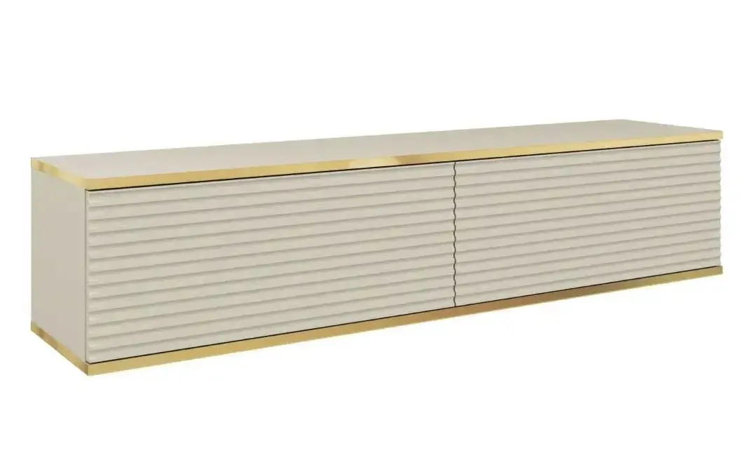 Szafka RTV z ryflowanymi frontami, wisząca, Oris, 135x32x30 cm, beż piaskowy, mat