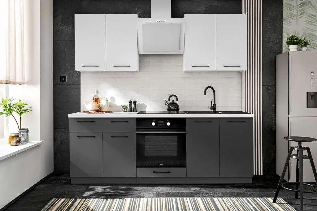 Zestaw mebli kuchennych, 220 cm, biały, szary grafit, mat