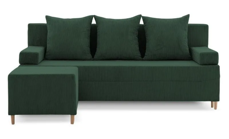 Kanapa z pufą, trzyosobowa, 3w1, sztruks, PANORA, 191x92x92 cm, butelkowa zieleń