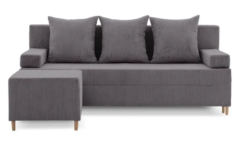 Kanapa z pufą, trzyosobowa, 3w1, sztruks, PANORA, 191x92x92 cm, ciemny szary