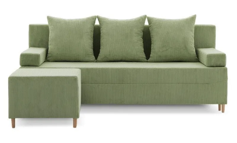 Kanapa z pufą, trzyosobowa, 3w1, sztruks, PANORA, 191x92x92 cm, oliwkowy