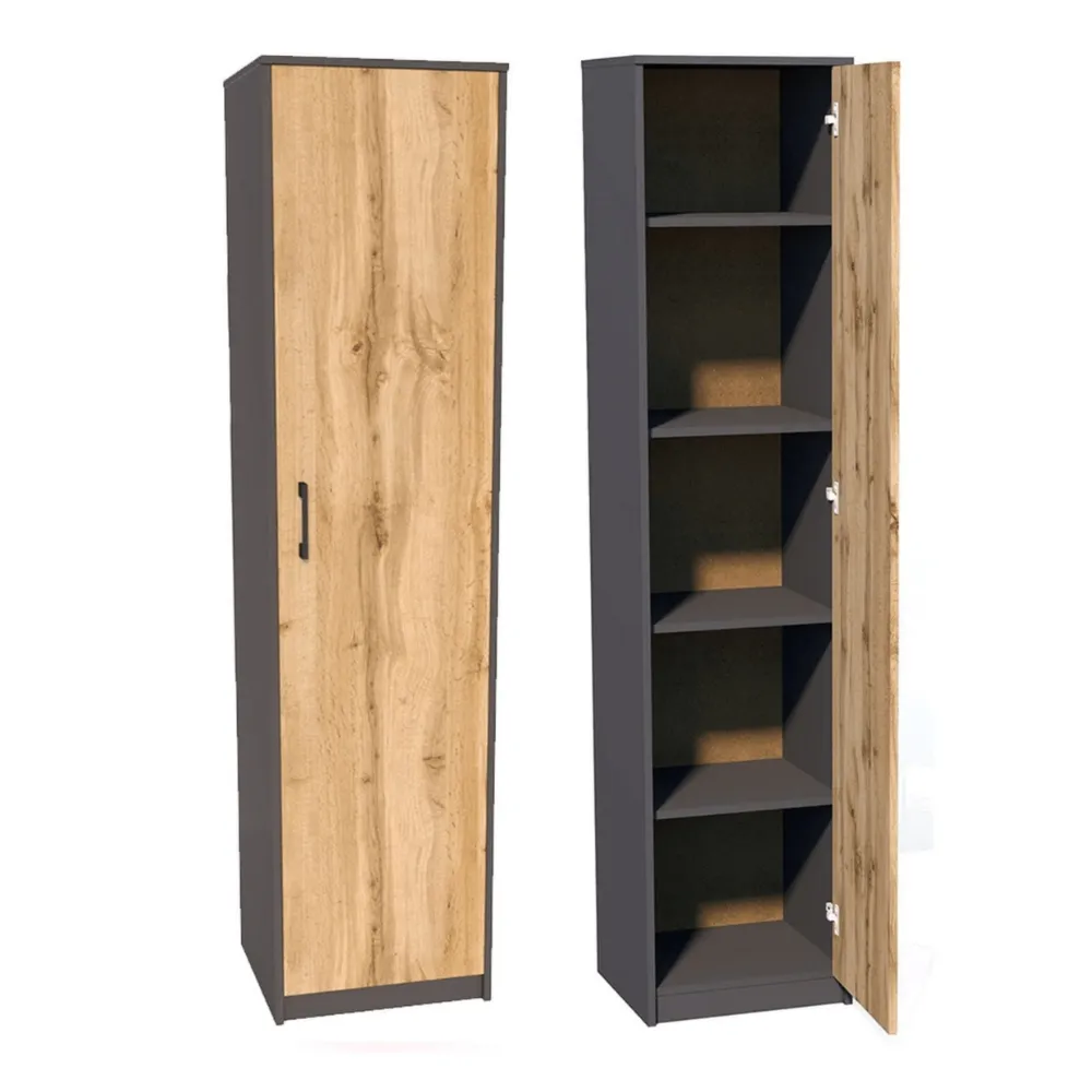 Wąski regał zamykany, Graf, 39x35x180 cm, grafit, dąb wotan, mat