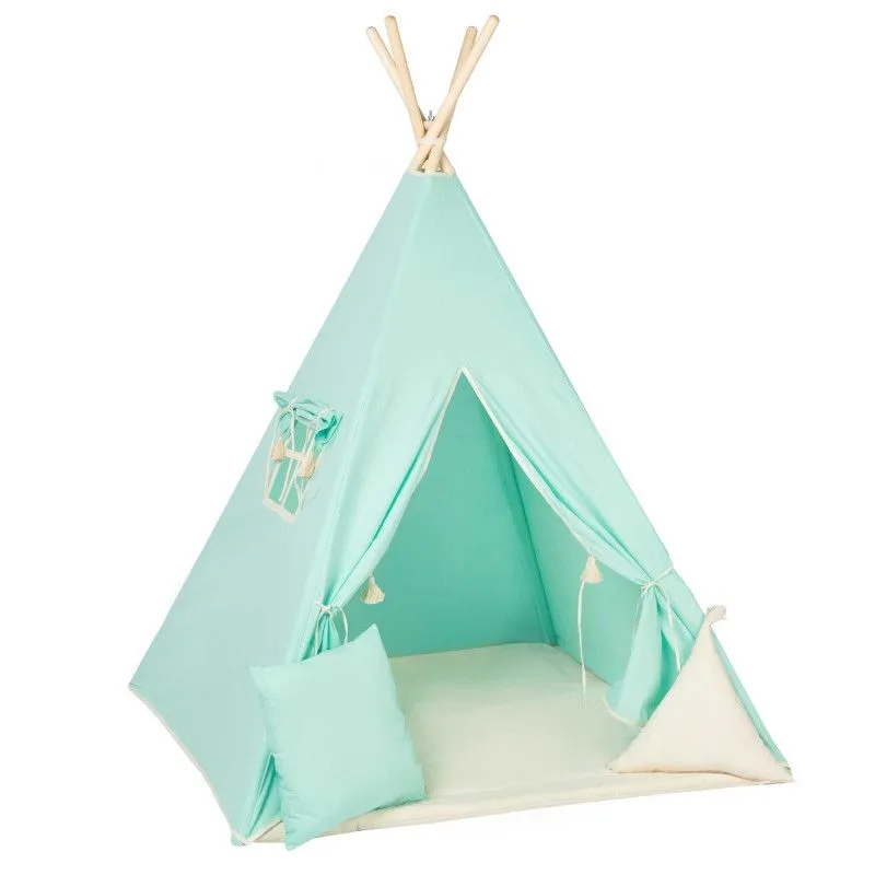 Namiot dla dzieci, bawełniany, poduszki, miętowy frędzelek, 110x160 cm