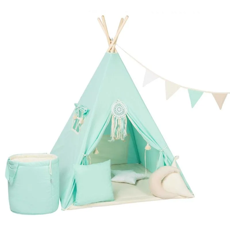 Namiot dla dzieci, bawełniany, duży zestaw, miętowy frędzelek, 110x160 cm