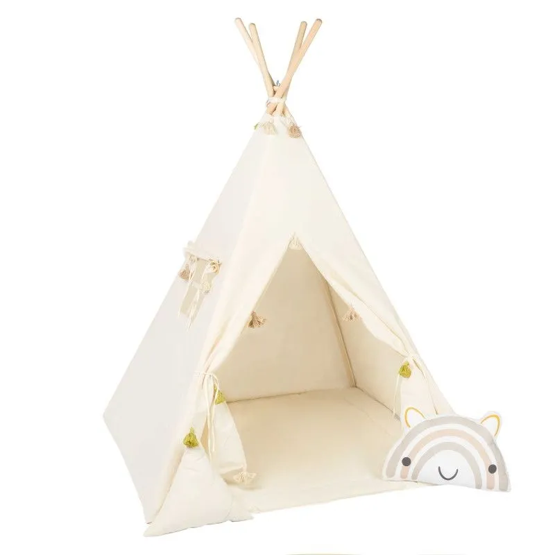 Namiot dla dzieci, bawełniany, wesoła tęcza, kremowy frędzelek, 110x160 cm