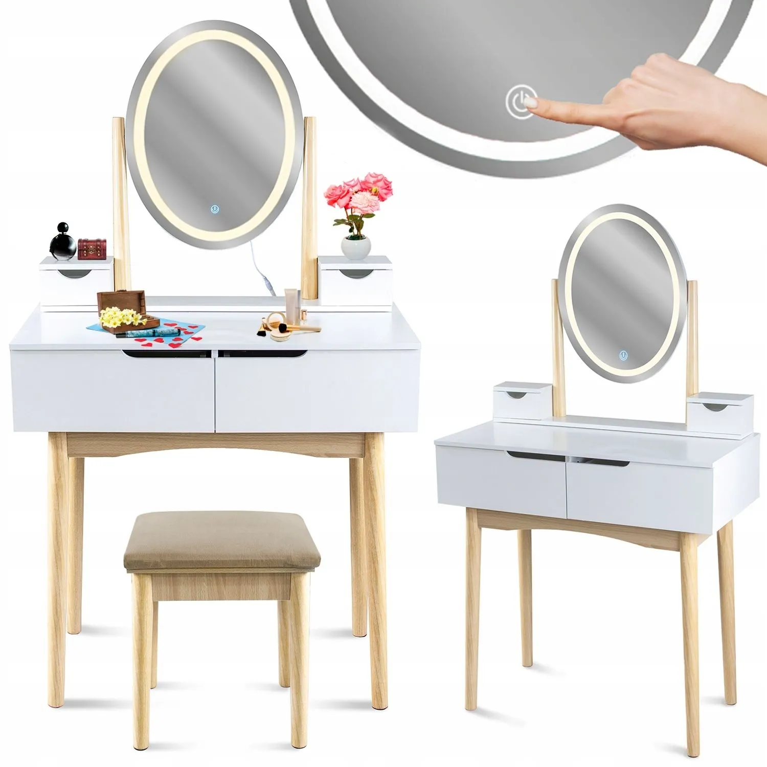 Toaletka kosmetyczna z lustrem LED, skandynawska, 80x40x142 cm