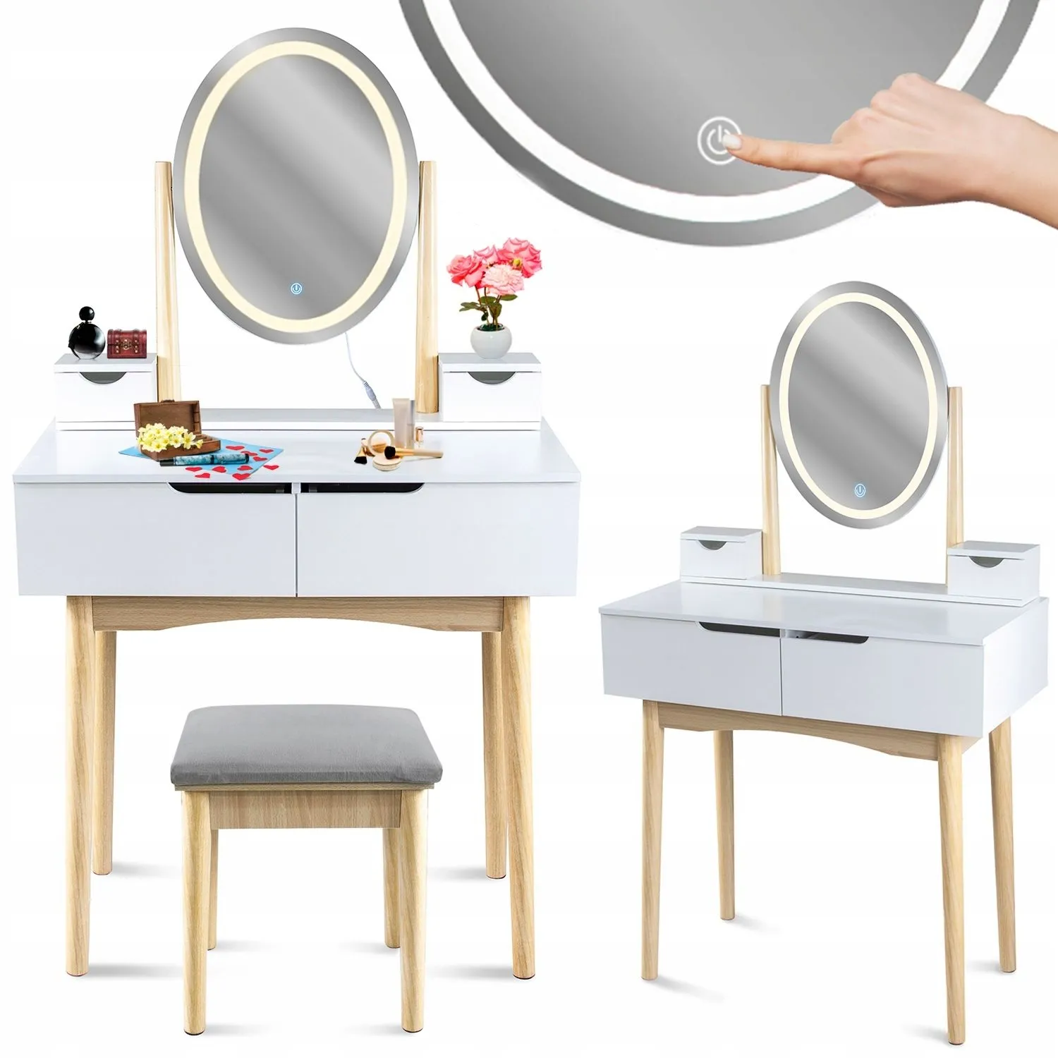 Toaletka z lustrem LED, kosmetyczna, skandynawska, 80x40x142 cm