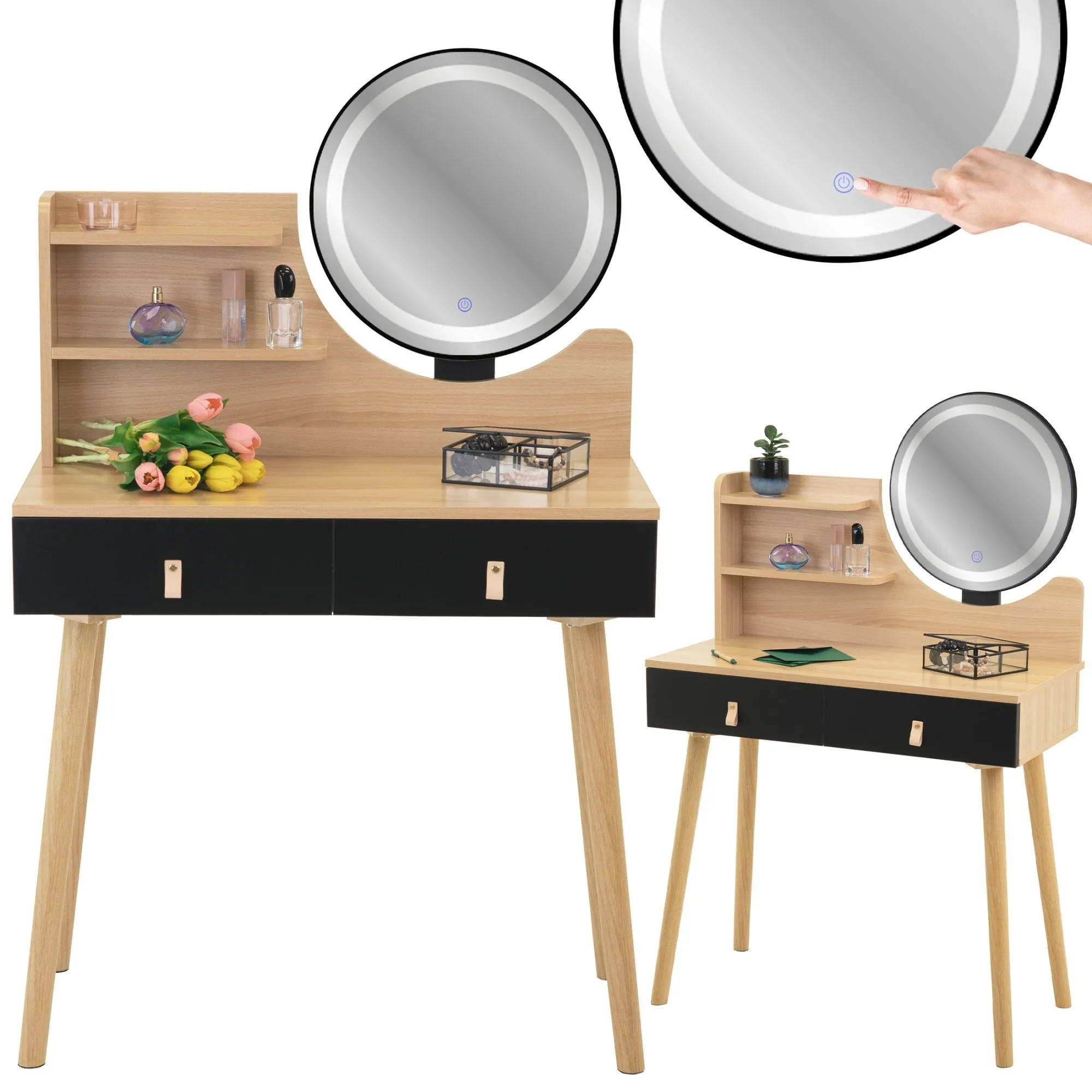 Toaletka z lustrem LED, kosmetyczna, skandynawska, 80x40x120 cm