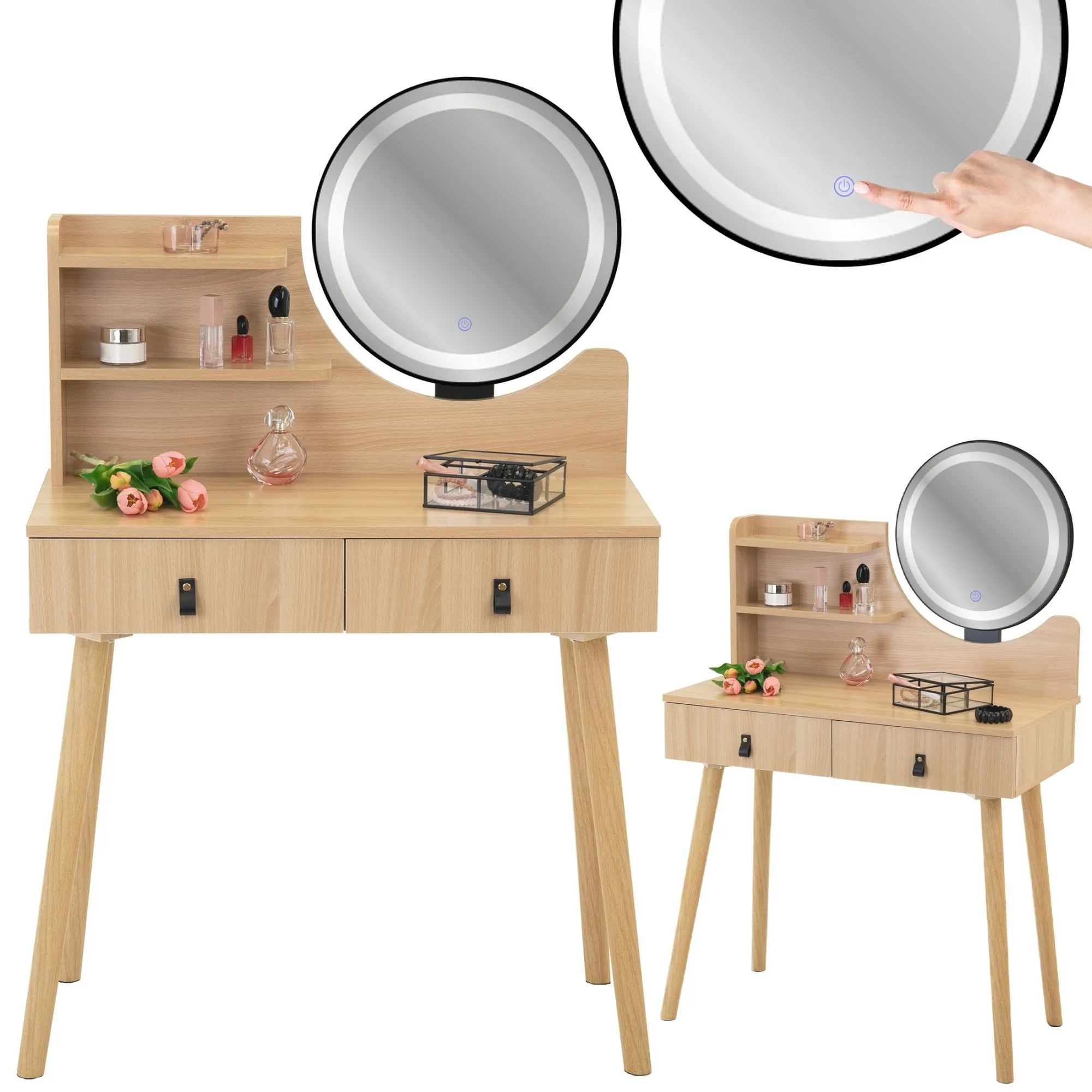 Toaletka kosmetyczna z lustrem LED, skandynawska, 120x40x80 cm, beżowy