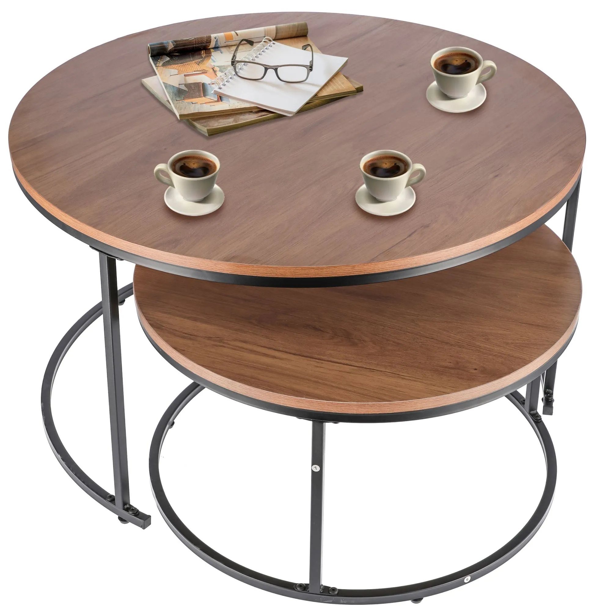 Zestaw stolików kawowych, 2 sztuki, okrągłe, loft, czarny, odcienie brązu