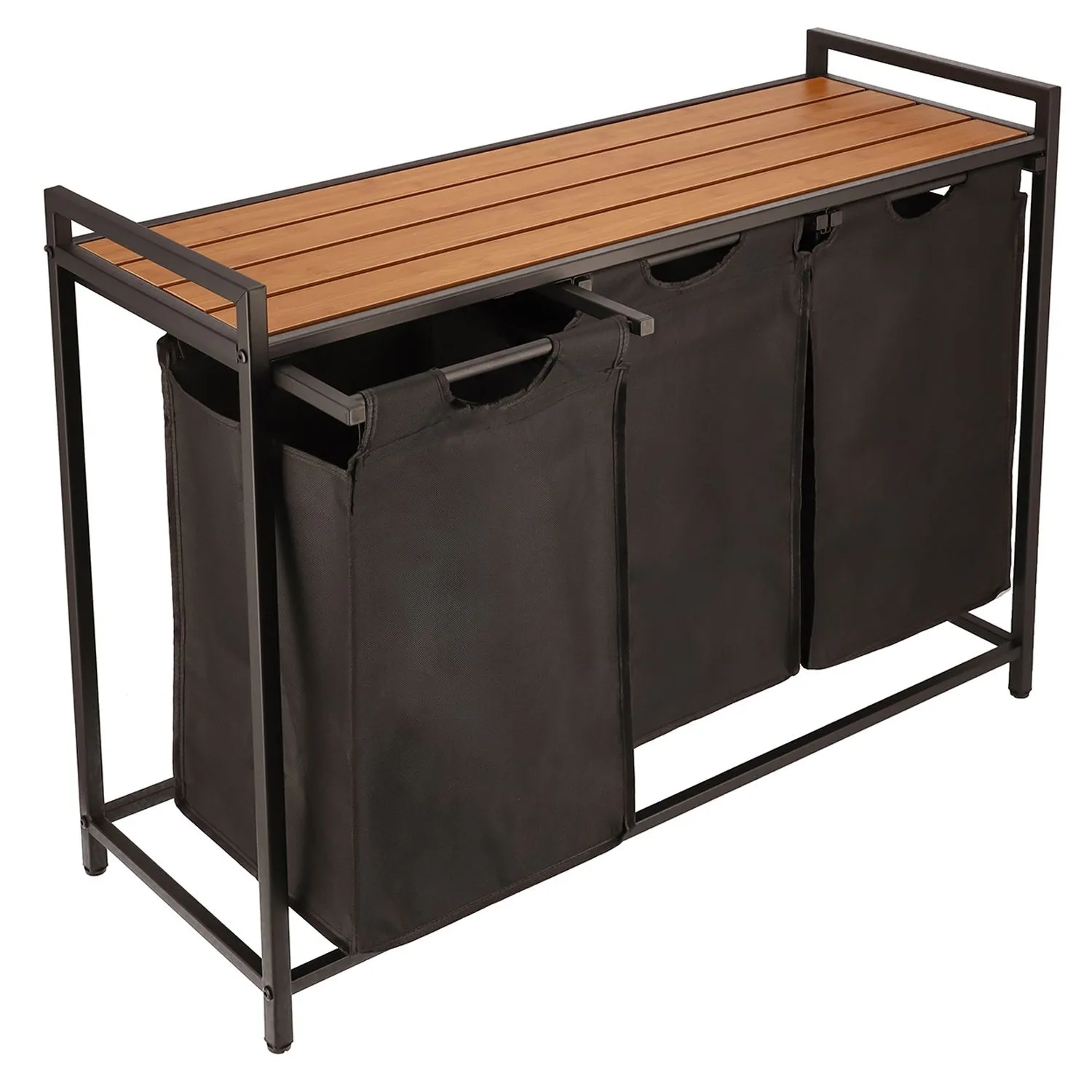 Kosz na pranie z półką, 3 pojemniki, 92x33x72 cm, czarny, jasny brąz
