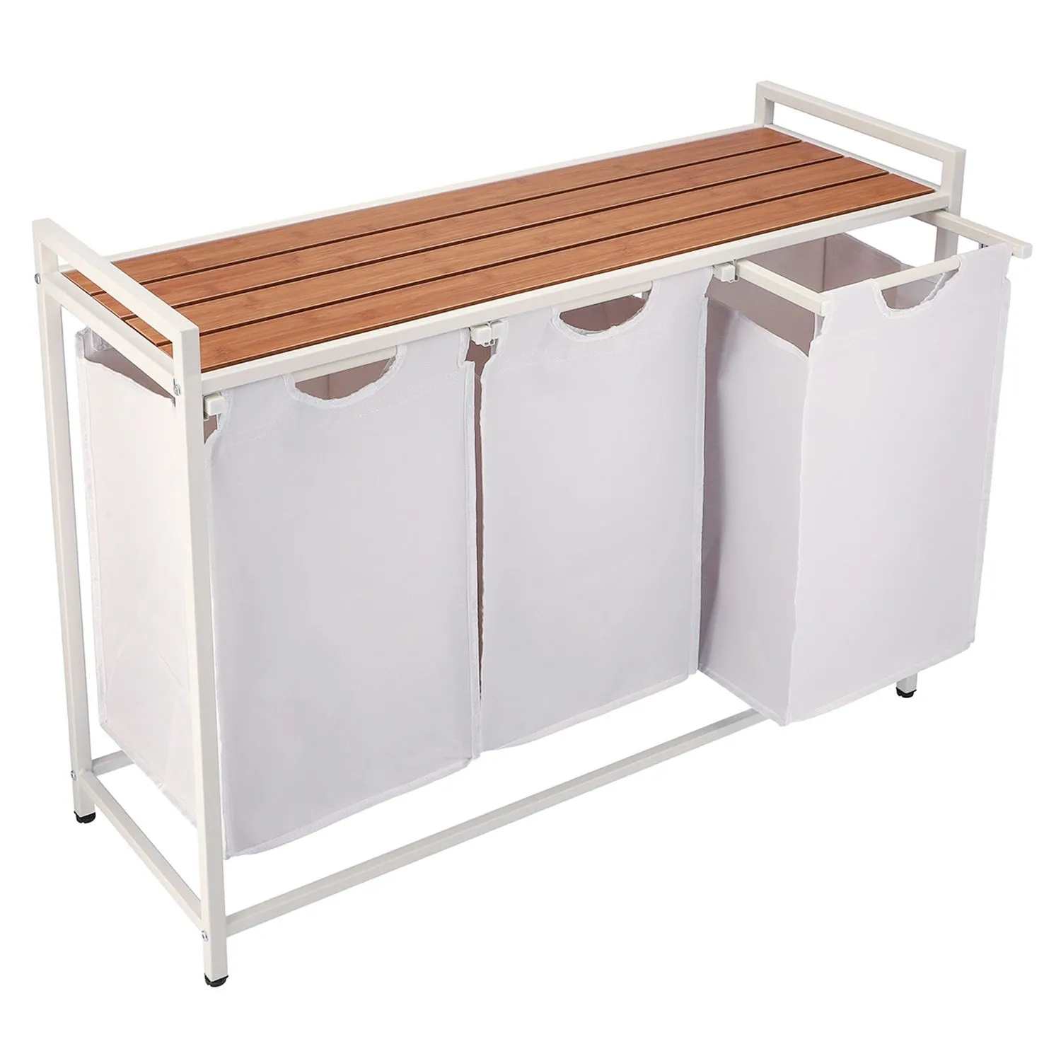 Kosz na pranie z półką, 3 pojemniki, 92x33x72 cm, biały, jasny brąz