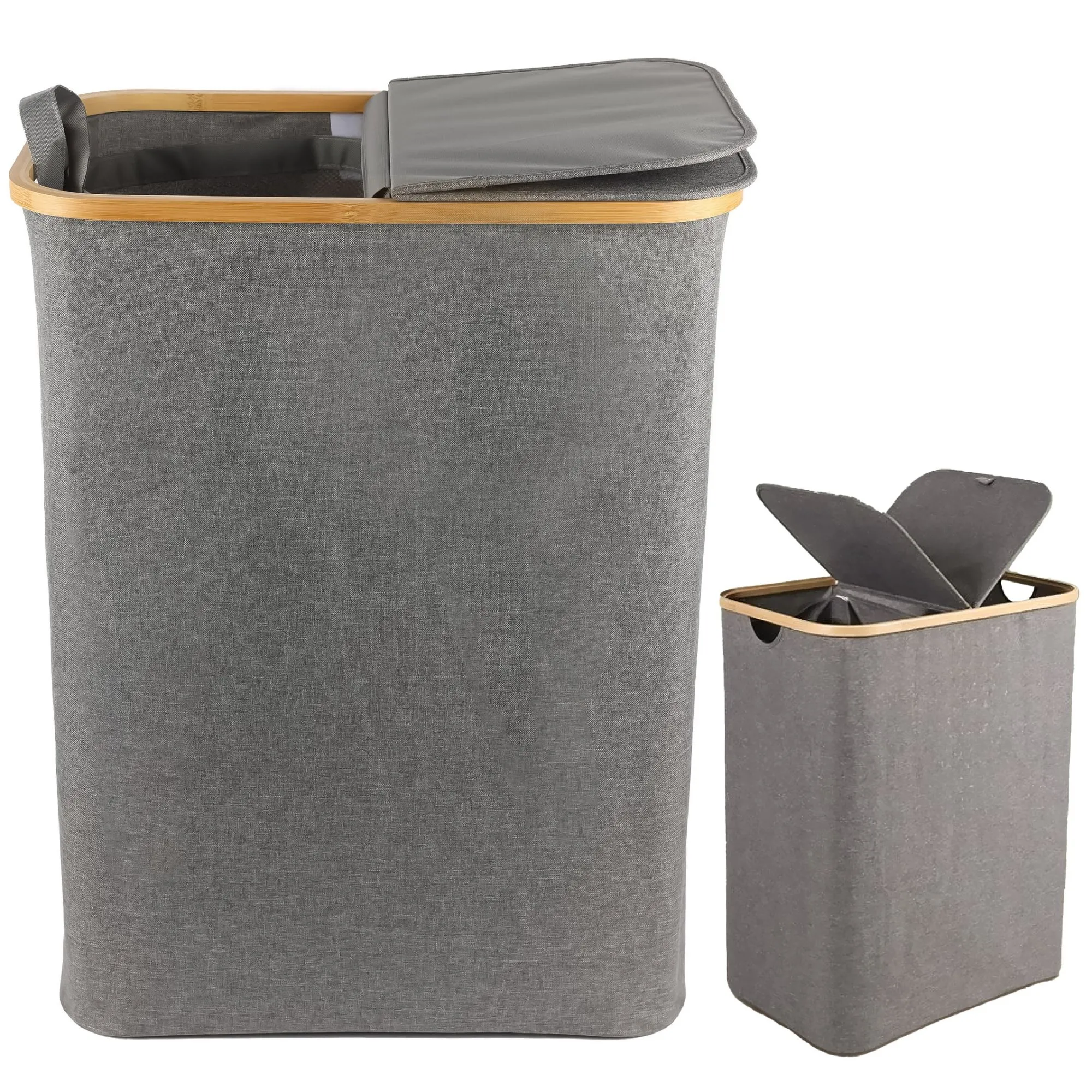 Duży kosz na pranie, 145 litrów, składany, bambusowy, 38x57x67 cm, szary