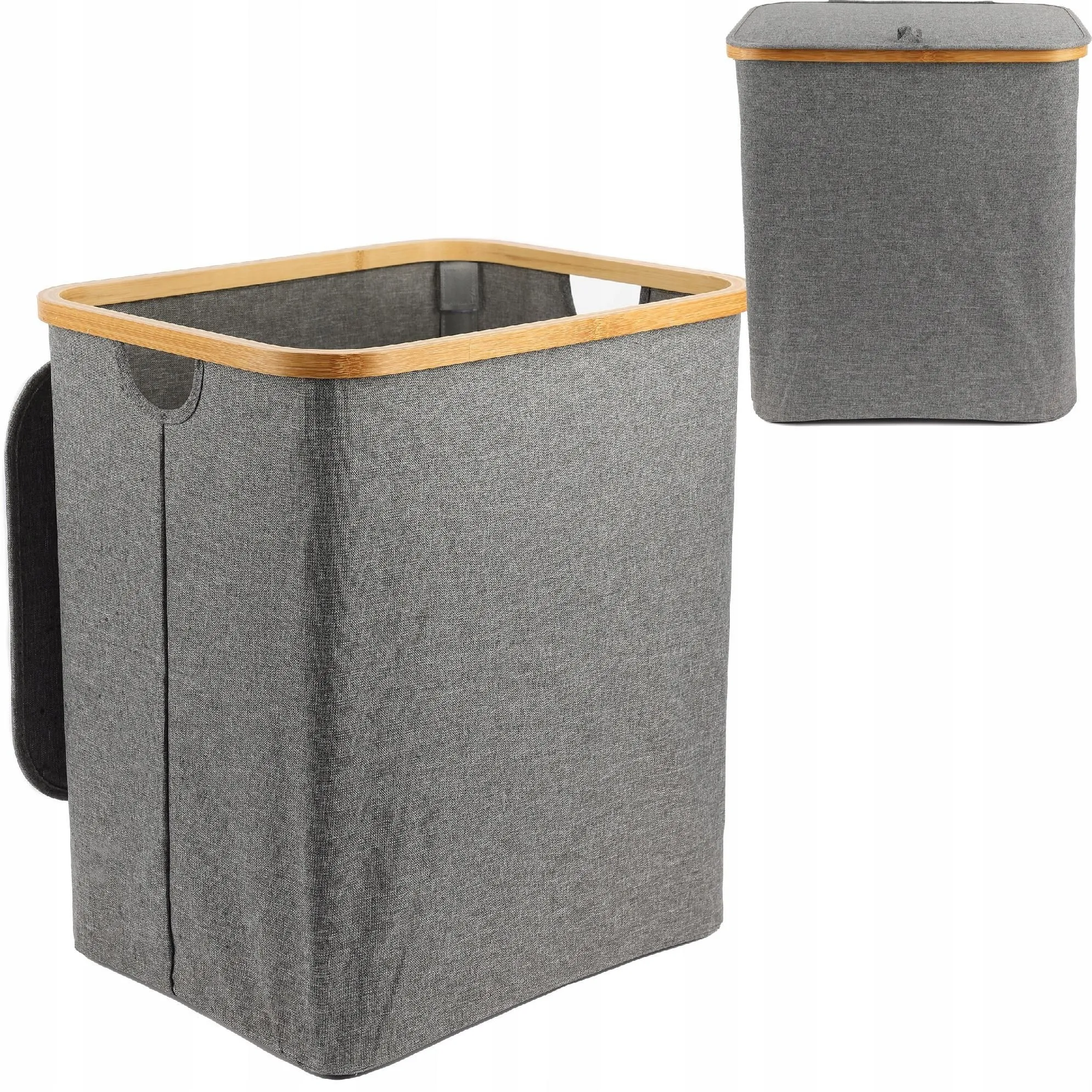 Kosz na pranie, 80L, składany, bambusowy, szary