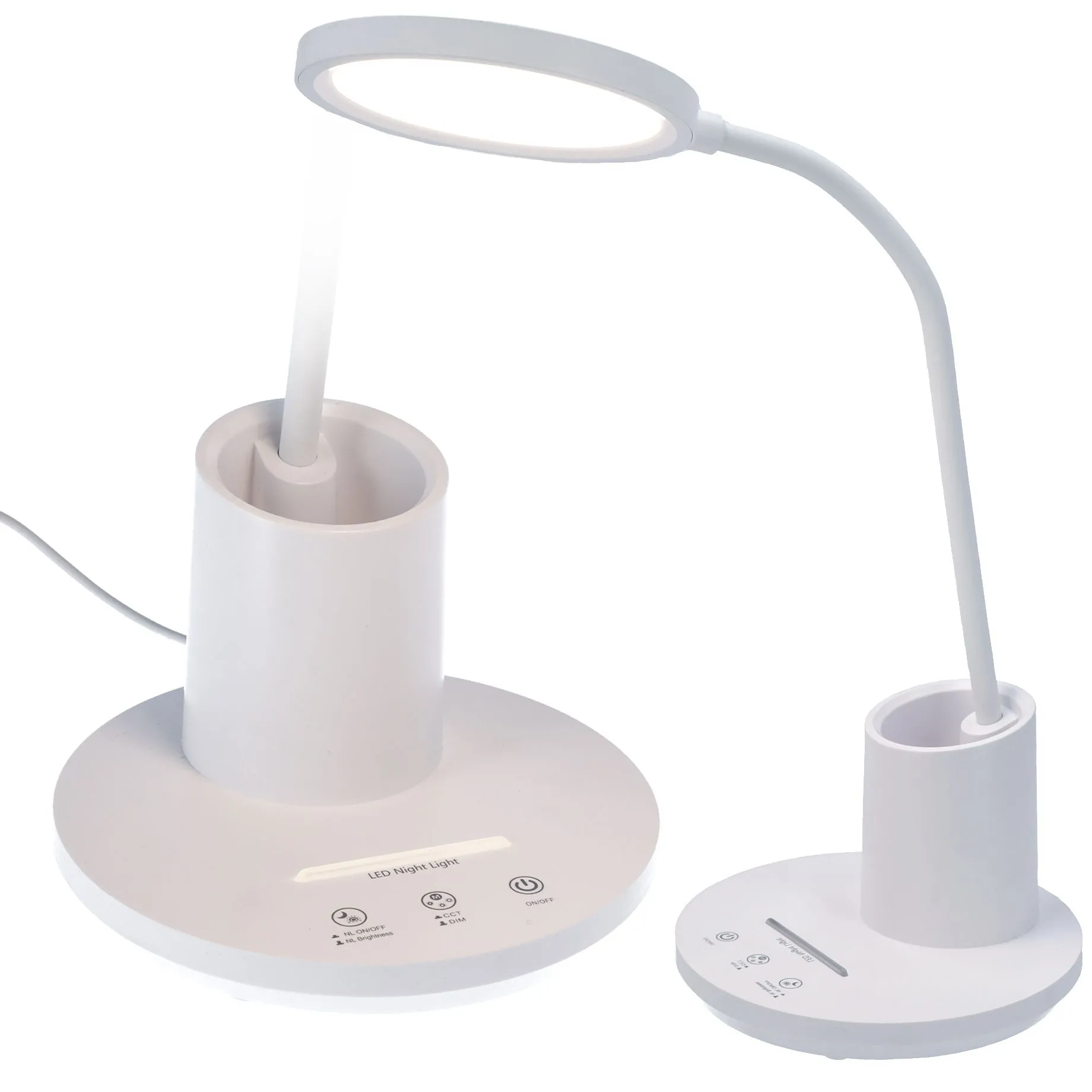 Nowoczesna, biała lampka biurkowa, led, trzy barwy światła