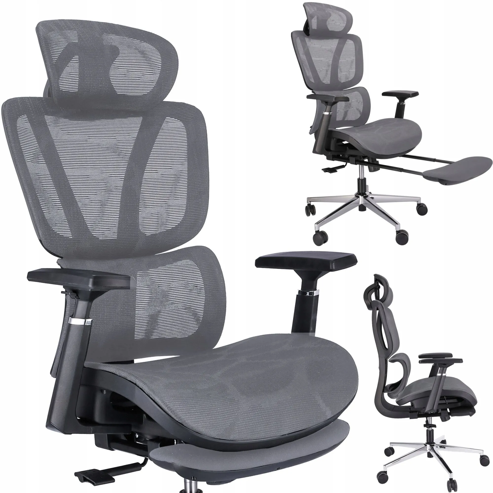  Fotel ergonomiczny, z podnóżkiem, Noeva, szary