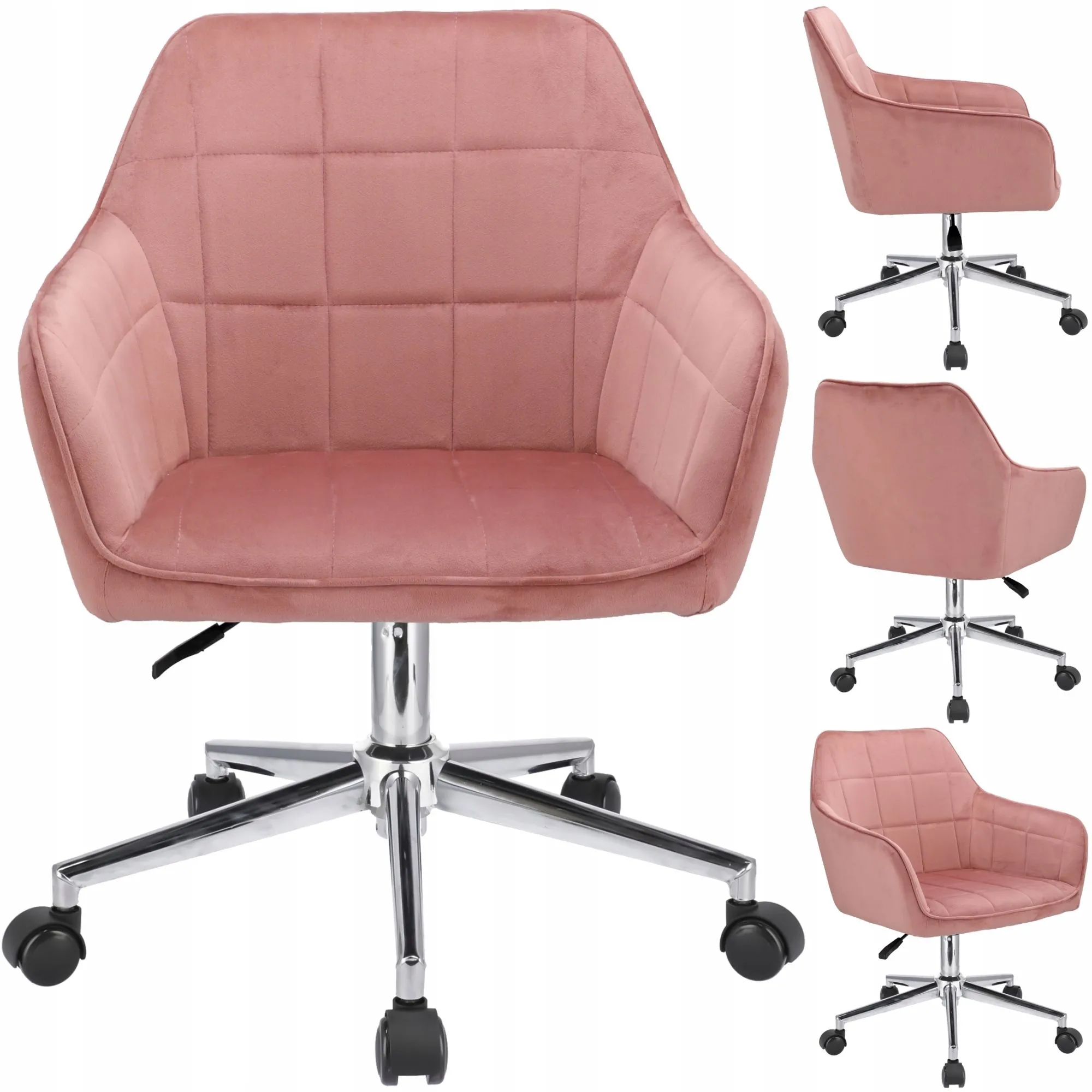 Wygodny fotel obrotowy, welur, Milano, różowy na srebrnej stopie