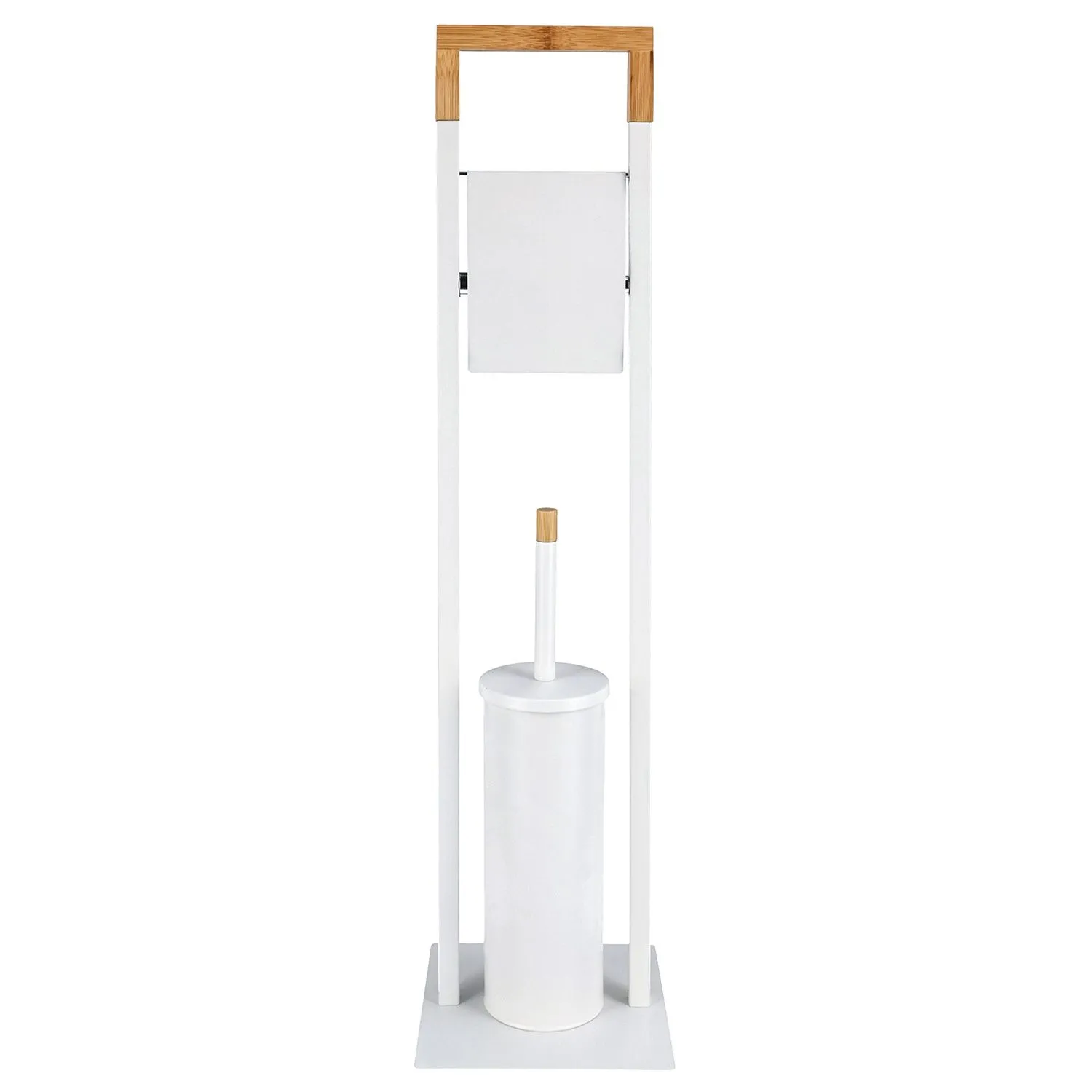 Stojak na papier toaletowy, szczotka wc, metal, bambus, 76 cm, biały