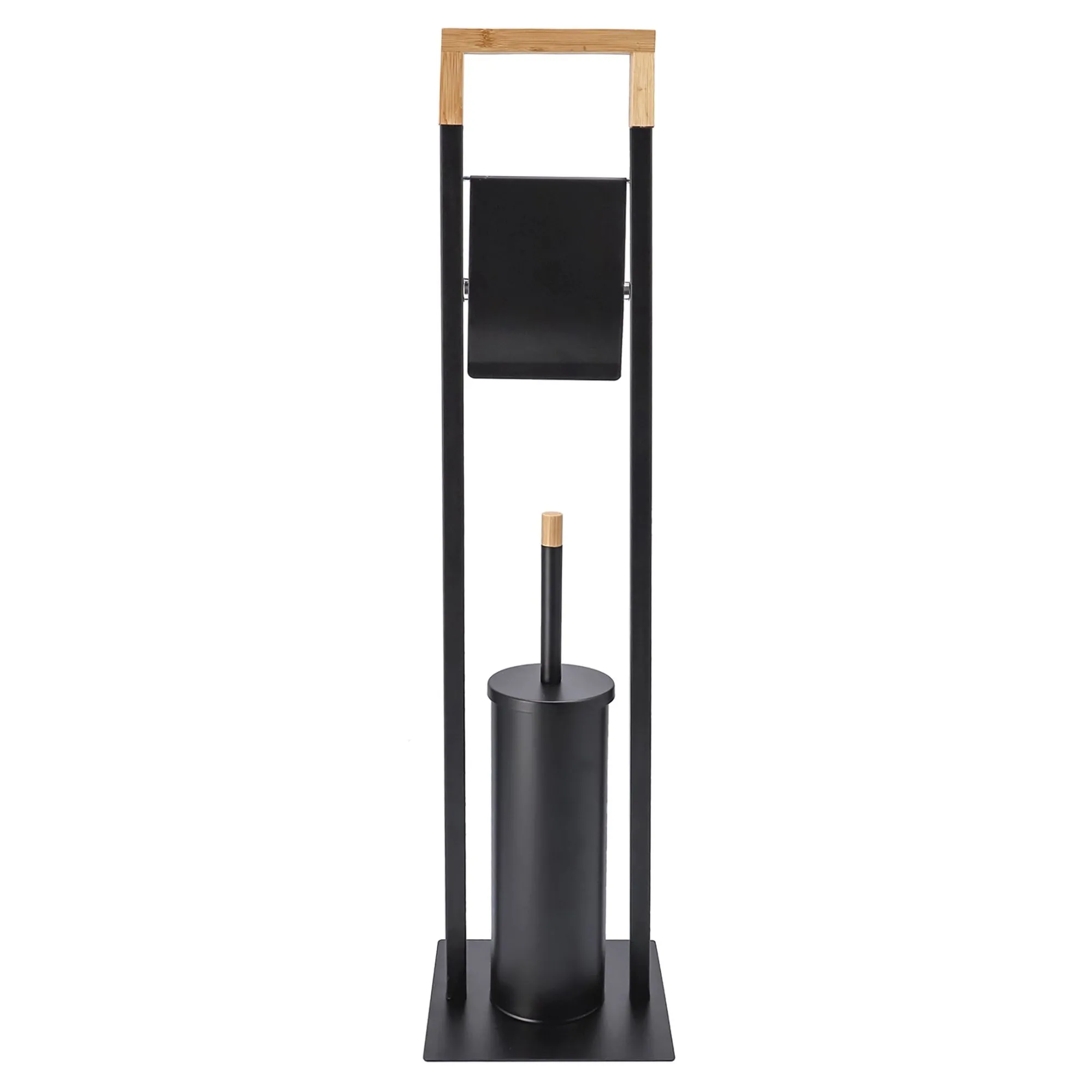 Stojak na papier toaletowy, szczotka wc, metal, bambus, 76 cm, czarny, jasny brąz
